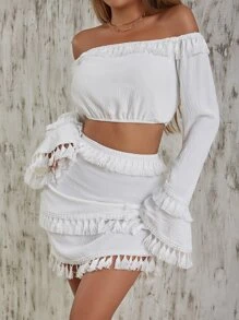 Chiquease Off Shoulder Tassel Trim Flounce Sleeve Top & Skirt Set - White - View 5