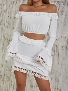 Chiquease Off Shoulder Tassel Trim Flounce Sleeve Top & Skirt Set - White - View 6
