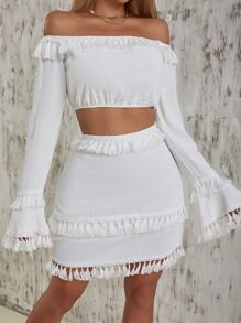 Chiquease Off Shoulder Tassel Trim Flounce Sleeve Top & Skirt Set - White - View 7
