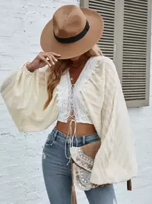 SHEIN Holidaya Lantern Sleeve Lace Up Front Crop Blouse Women Shirt - Beige - View 1