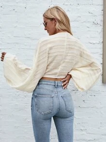 SHEIN Holidaya Lantern Sleeve Lace Up Front Crop Blouse Women Shirt - Beige - View 2