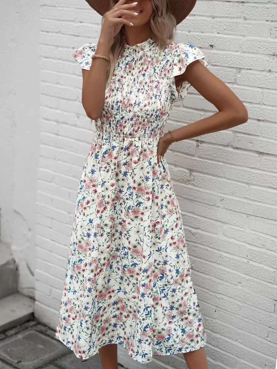SHEIN Clasi Allover Floral Print Shirred Detail Dress Maxi Women Outfit - Multicolor - View 1