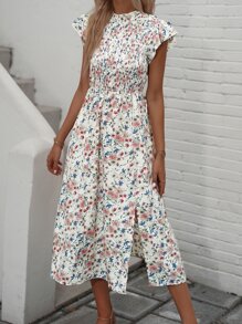 SHEIN Clasi Allover Floral Print Shirred Detail Dress Maxi Women Outfit - Multicolor - View 5