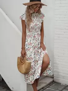 SHEIN Clasi Allover Floral Print Shirred Detail Dress Maxi Women Outfit - Multicolor - View 6