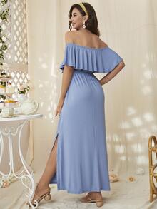 DEARCASE Vestido de maternidad con volantes, hombros descubiertos y abertura en el muslo - Celeste - Ver 2