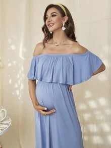 DEARCASE Vestido de maternidad con volantes, hombros descubiertos y abertura en el muslo - Celeste - Ver 6