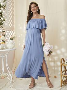 DEARCASE Vestido de maternidad con volantes, hombros descubiertos y abertura en el muslo - Celeste - Ver 5