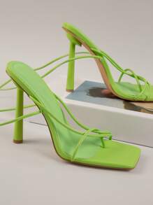 Women Multi Thin Strap Toe Post Stiletto High Heeled Strappy Sandals, Vacation Plain Summer Outdoor Lace Up Thong Sandals - Lime Green - View 1