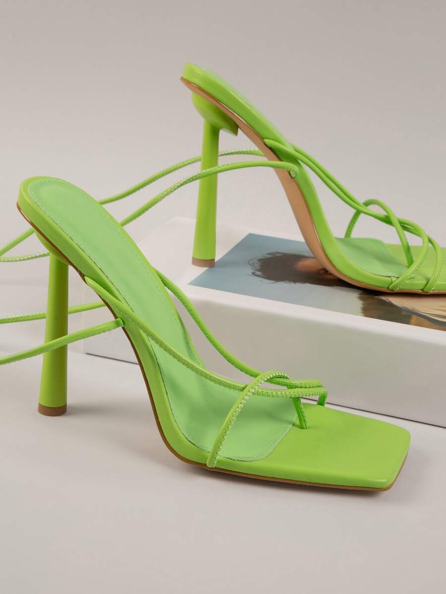 Women Multi Thin Strap Toe Post Stiletto High Heeled Strappy Sandals, Vacation Plain Summer Outdoor Lace Up Thong Sandals - Lime Green - View 1