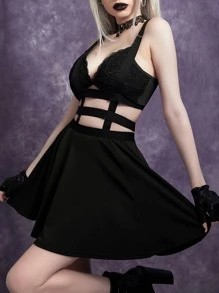 Gothic Cut Out Contrast Tape Pinafore Skirt - Black - View 1