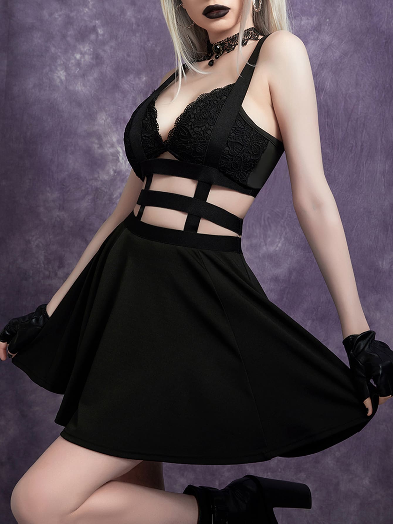 Gothic Cut Out Contrast Tape Pinafore Skirt - Black - View 1