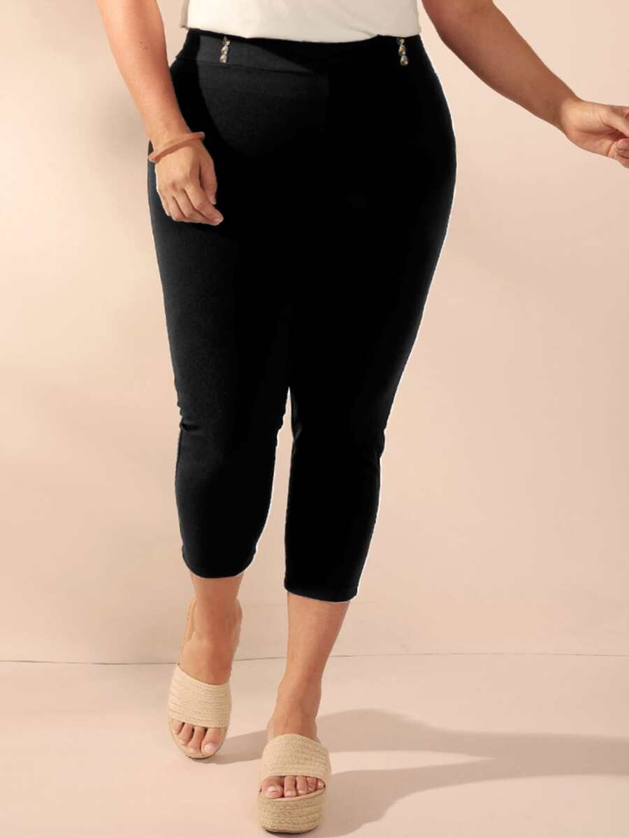 EMERY ROSE Plus High Waist Button Detail Skinny Trousers - Black - View 1