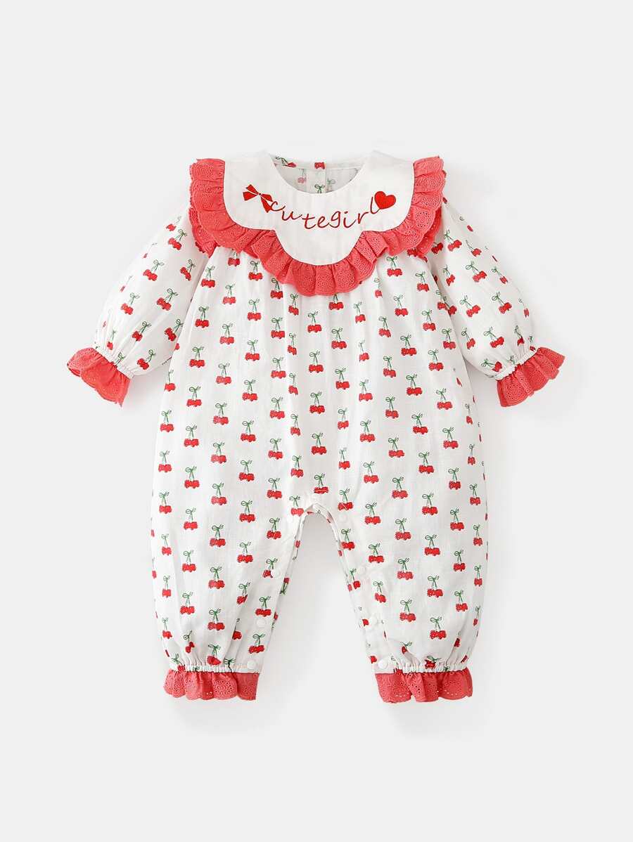 Peninsula Baby 嬰兒字母刺繡櫻桃圖案荷葉邊連身褲 - 紅白色 - 查看 1