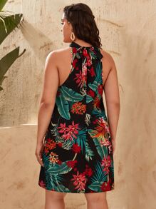SHEIN VCAY Plus Floral And Tropical Print Halter Dress - Multicolor - View 2