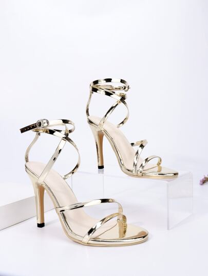 Metallic Stiletto Heeled Ankle Strap Sandals