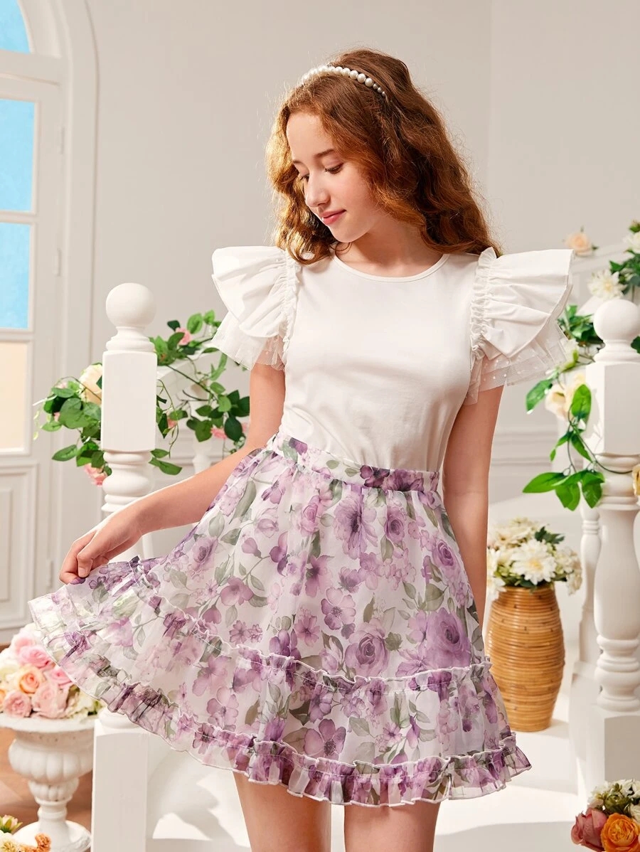 SHEIN Teen Girls Contrast Mesh Butterfly Sleeve Top - White - View 1