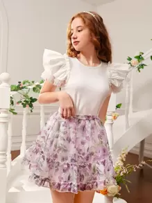 SHEIN Teen Girls Contrast Mesh Butterfly Sleeve Top - White - View 4