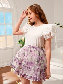 SHEIN Teen Girls Contrast Mesh Butterfly Sleeve Top - White - View 5