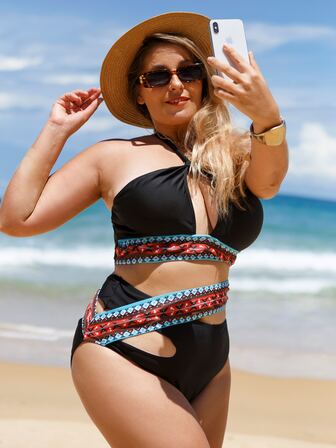 Bikinx Set de bikini cu talie înaltă, cu geo bandă, mărime mare, plajă de vară