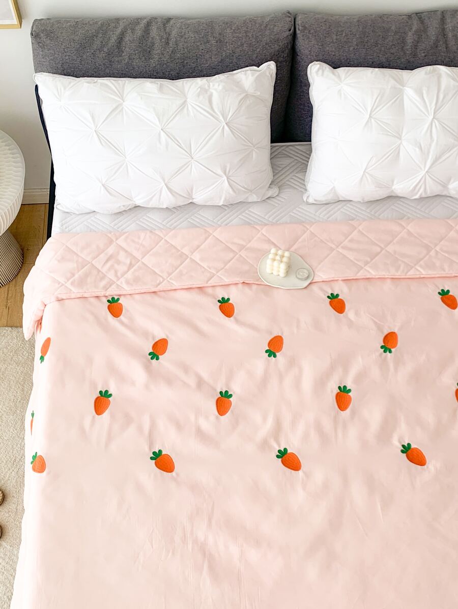 Carrot Embroidered Quilted Bedspread - Pink - View 1