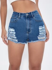 Shorts en mezclilla desgarro ribete sin dobladillo - Azul lavado medio - Ver 4
