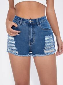 Shorts en mezclilla desgarro ribete sin dobladillo - Azul lavado medio - Ver 5