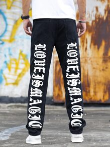 Manfinity EMRG Men Cotton Letter Graphic Straight Leg Jeans - Black - View 2