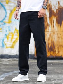 Manfinity EMRG Men Cotton Letter Graphic Straight Leg Jeans - Black - View 3