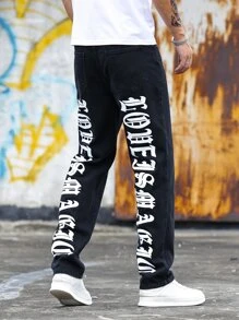 Manfinity EMRG Men Cotton Letter Graphic Straight Leg Jeans - Black - View 7
