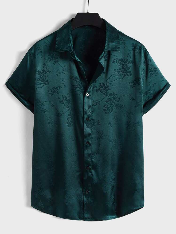 Manfinity VCAY 男士提花前紐扣襯衫 - 墨綠色 - 查看 1