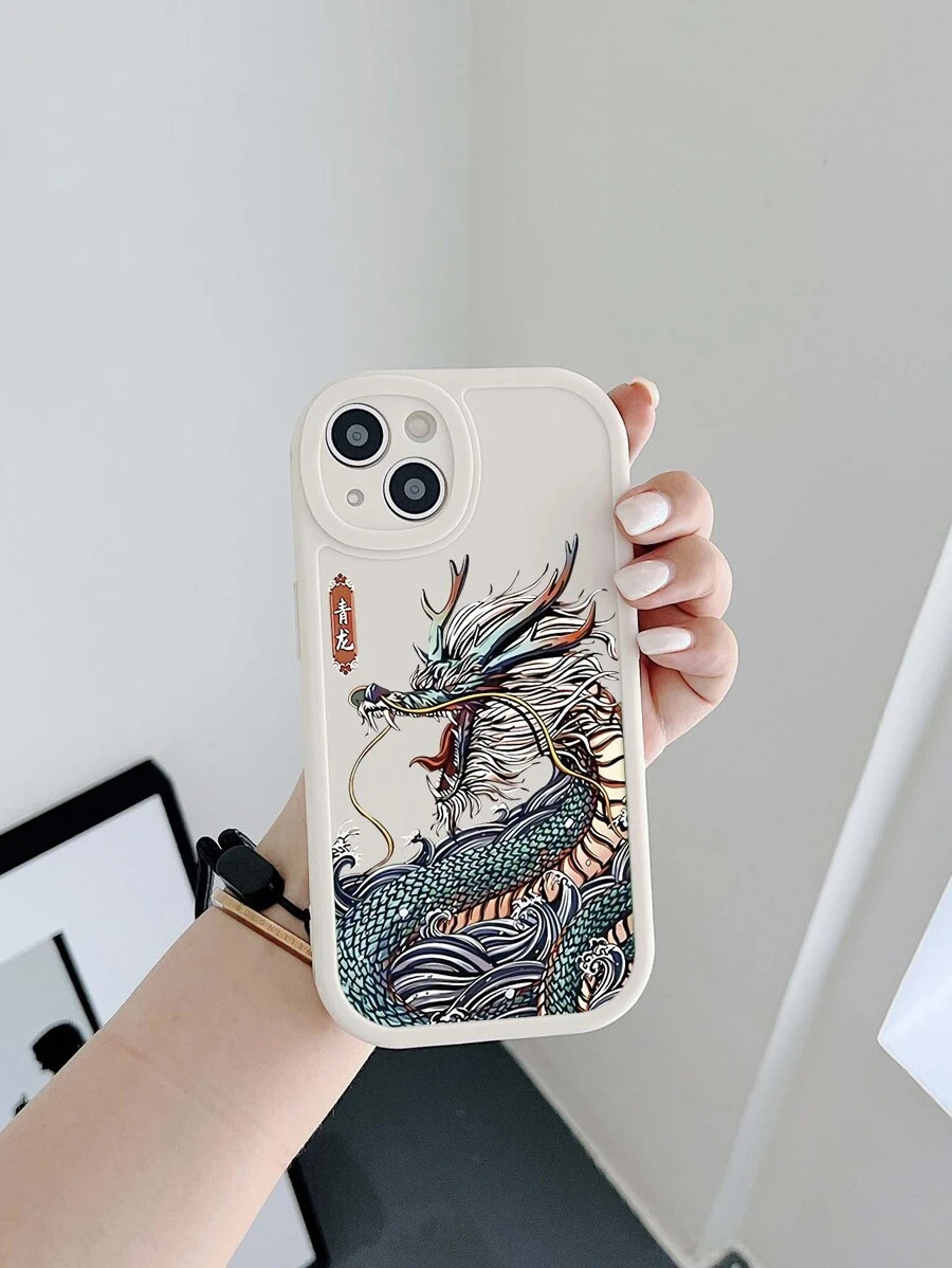 Ốp lưng điện thoại kiêm bảo vệ ống kính hình rồng hoạt hình, màu be, kèm 1 dây đeo điện thoại màu đen, phiên bản quốc tế, không phải phiên bản nội địa.