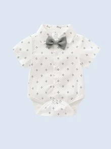 Baby Boy Polka Dot Print Bow Front Bodysuit - White - View 1