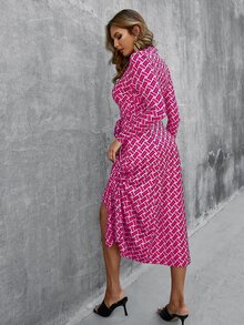 Glamaker 滿版印花腰帶襯衫連衣裙 - 玫紅色 - 查看 2