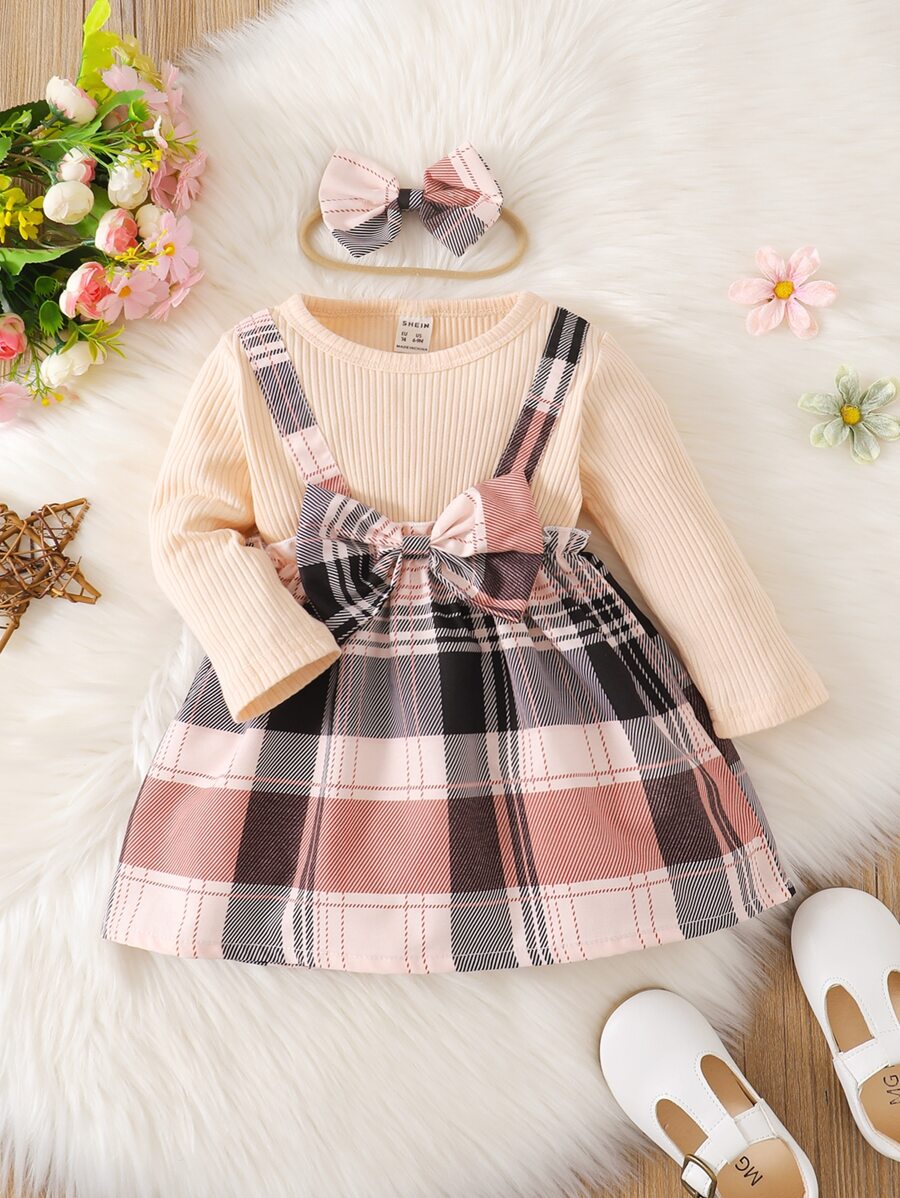 SHEIN 嬰兒格紋印花前蝴蝶結假兩件洋裝和頭巾 - 彩色 - 查看 1