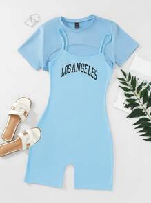 High Low Hem Tee & Letter Graphic Cami Romper - Blue - View 1