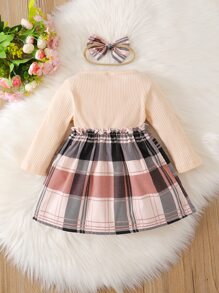 SHEIN 嬰兒格紋印花前蝴蝶結假兩件洋裝和頭巾 - 彩色 - 查看 2