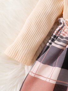 SHEIN 嬰兒格紋印花前蝴蝶結假兩件洋裝和頭巾 - 彩色 - 查看 3