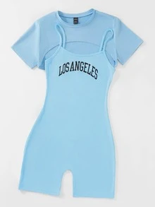 High Low Hem Tee & Letter Graphic Cami Romper - Blue - View 4
