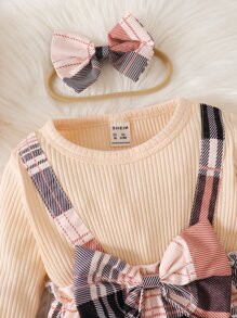 SHEIN 嬰兒格紋印花前蝴蝶結假兩件洋裝和頭巾 - 彩色 - 查看 4