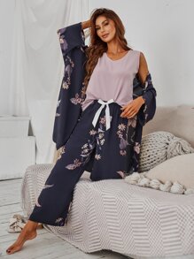 Bộ áo choàng in hoa & áo ba lỗ & quần PJ / Bộ Pyjama - Nhiều màu - Xem 3