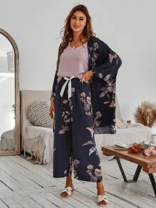 Bộ áo choàng in hoa & áo ba lỗ & quần PJ / Bộ Pyjama - Nhiều màu - Xem 4