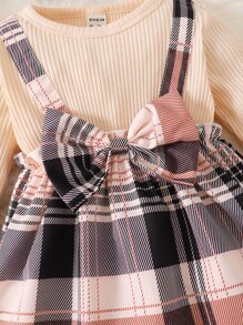 SHEIN 嬰兒格紋印花前蝴蝶結假兩件洋裝和頭巾 - 彩色 - 查看 6