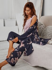Bộ áo choàng in hoa & áo ba lỗ & quần PJ / Bộ Pyjama - Nhiều màu - Xem 5