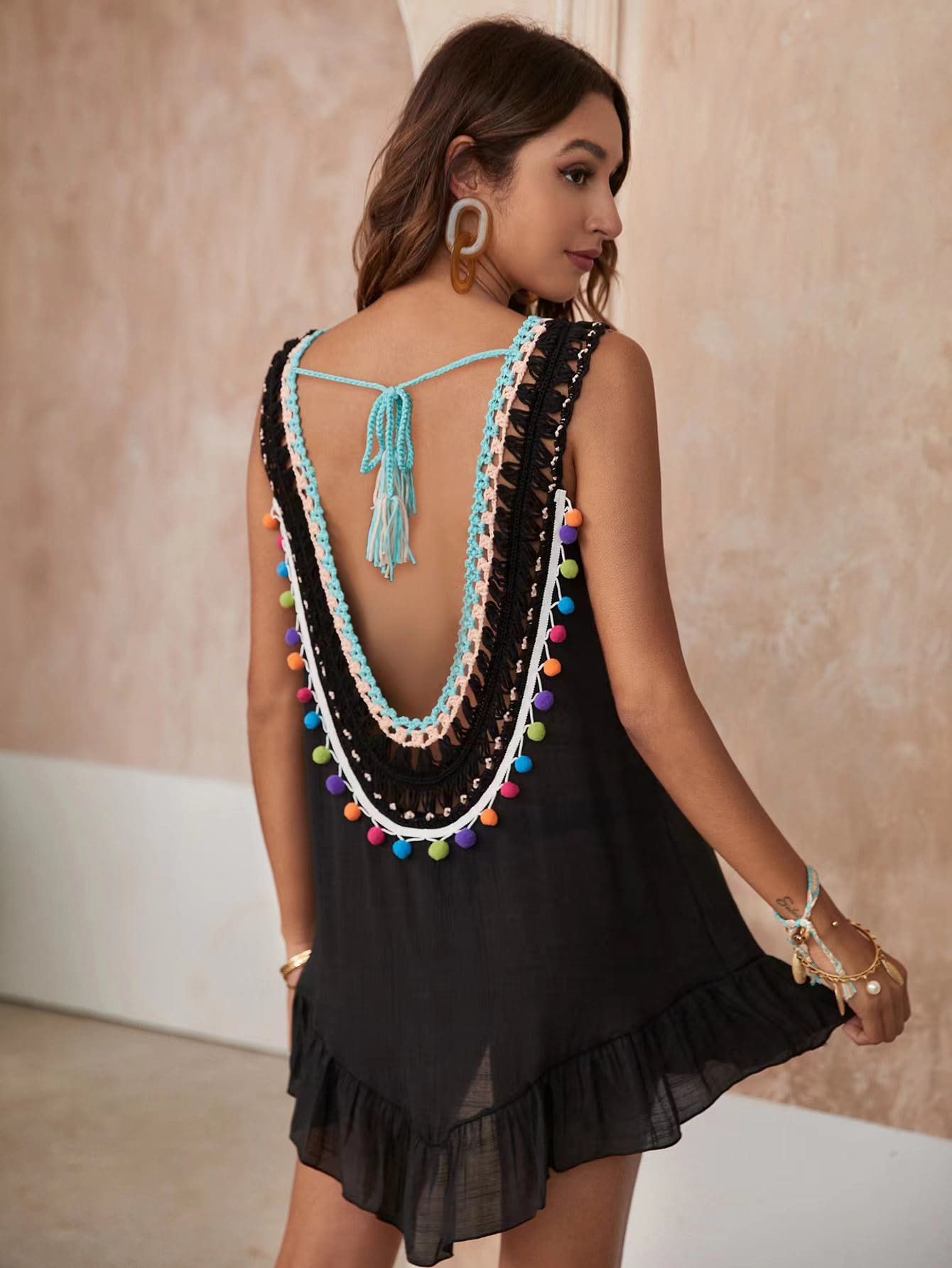 Ruffle Hem Fringe Crochet Cover Up - Black - View 1