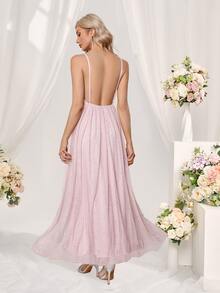 Split Thigh Backless Cami Mesh Bridesmaid Dress - Baby Pink - View 2