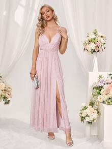 Split Thigh Backless Cami Mesh Bridesmaid Dress - Baby Pink - View 3