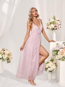 Split Thigh Backless Cami Mesh Bridesmaid Dress - Baby Pink - View 4
