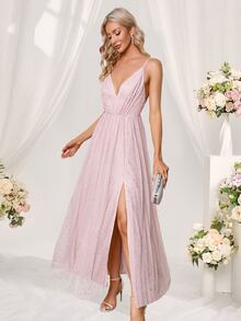 Split Thigh Backless Cami Mesh Bridesmaid Dress - Baby Pink - View 5