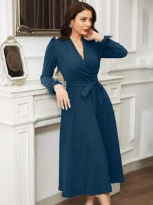 Modelyn 毛茸茸袖口泡泡袖繫腰帶連衣裙 - 水鴨藍 - 查看 4