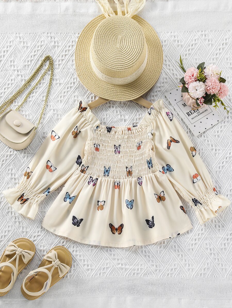 SHEIN 小女童蝴蝶圖案打褶荷葉袖襯衫 - 杏色 - 查看 1